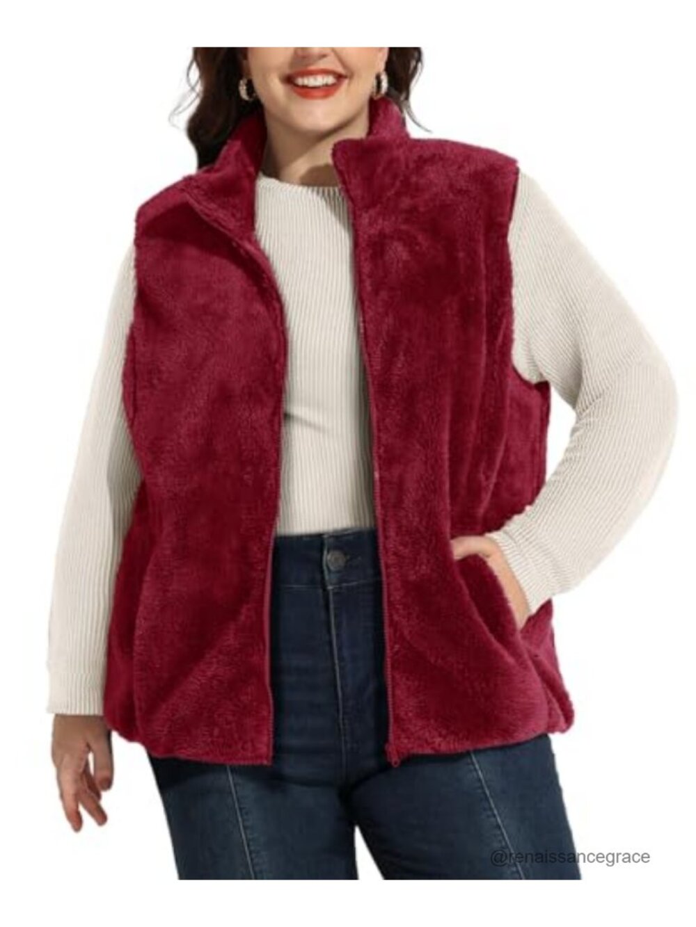 Plus Size Sherpa Fleece Vest Sleeveless Zip Up Stand Collar Fall Winter Layering